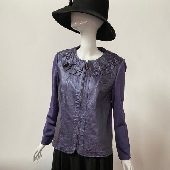 Peter Nygard Zip Jacket Sz MP Purple Leather 92% Nylon Back Style# 3U080788 - Picture 1 of 12